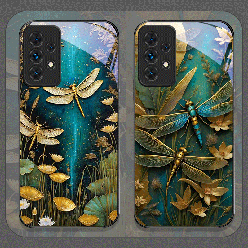 Samsung Galaxy A55 - Blume goldene Libelle gehärtetes Glas Handyhülle